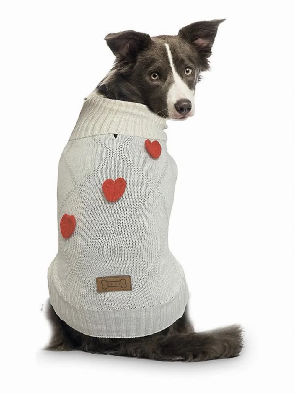 Cream Dog Sweater with Red Heart Accents